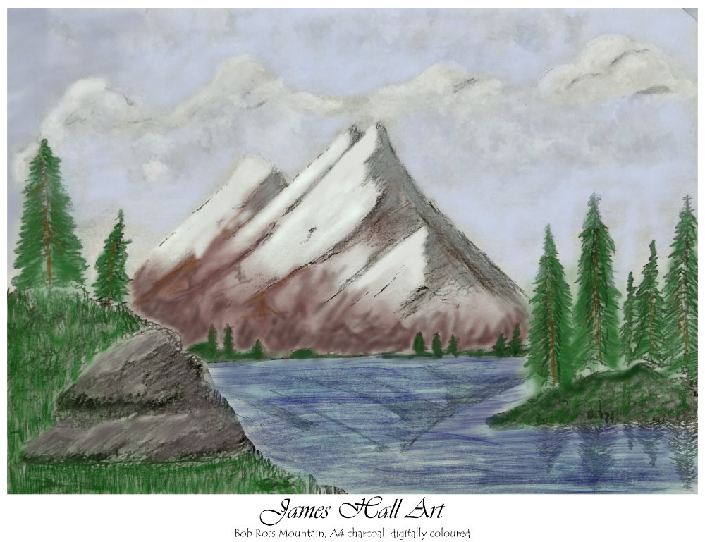 Bob Ross Mountain, A4 in Charcoal, Digitally&nbsp;Coloured