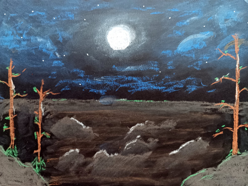 Moonlight Night Scene, soft pastels on Black&nbsp;Paper